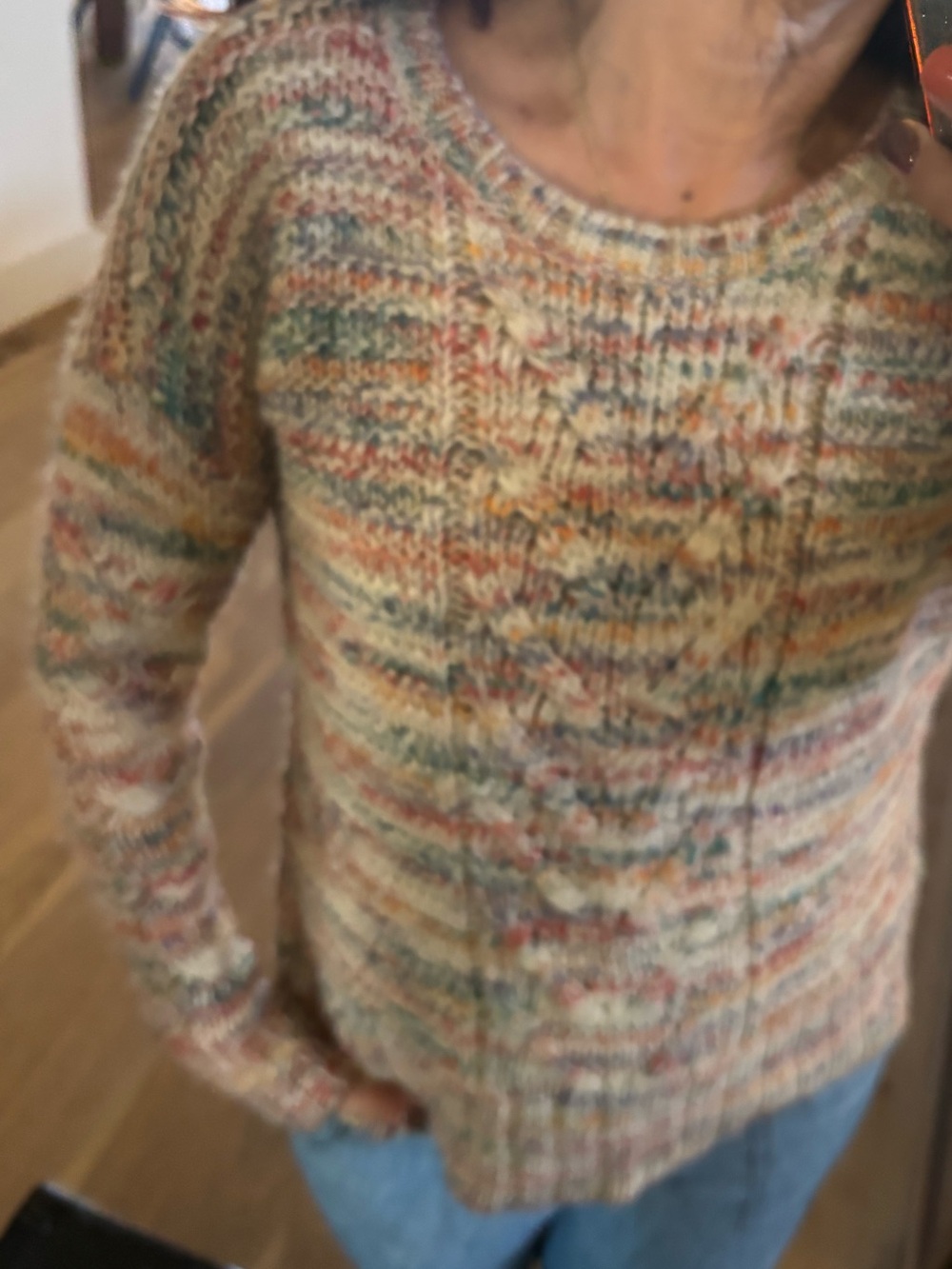 American Eagle Outfitters Cream Multicolor Cable Knit Crewneck Sweater